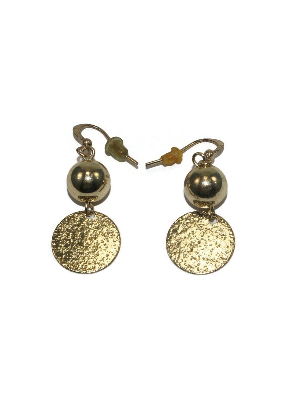 Vintage Gold Tone Ball and Disc Dangle Earrings with Hook Backs.